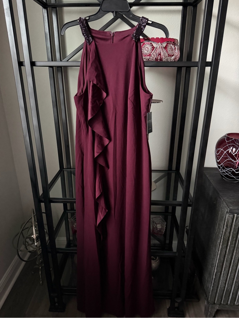 Lauren Ralph Lauren Burgundy Beaded-Shoulder Ruffle Maxi Dress